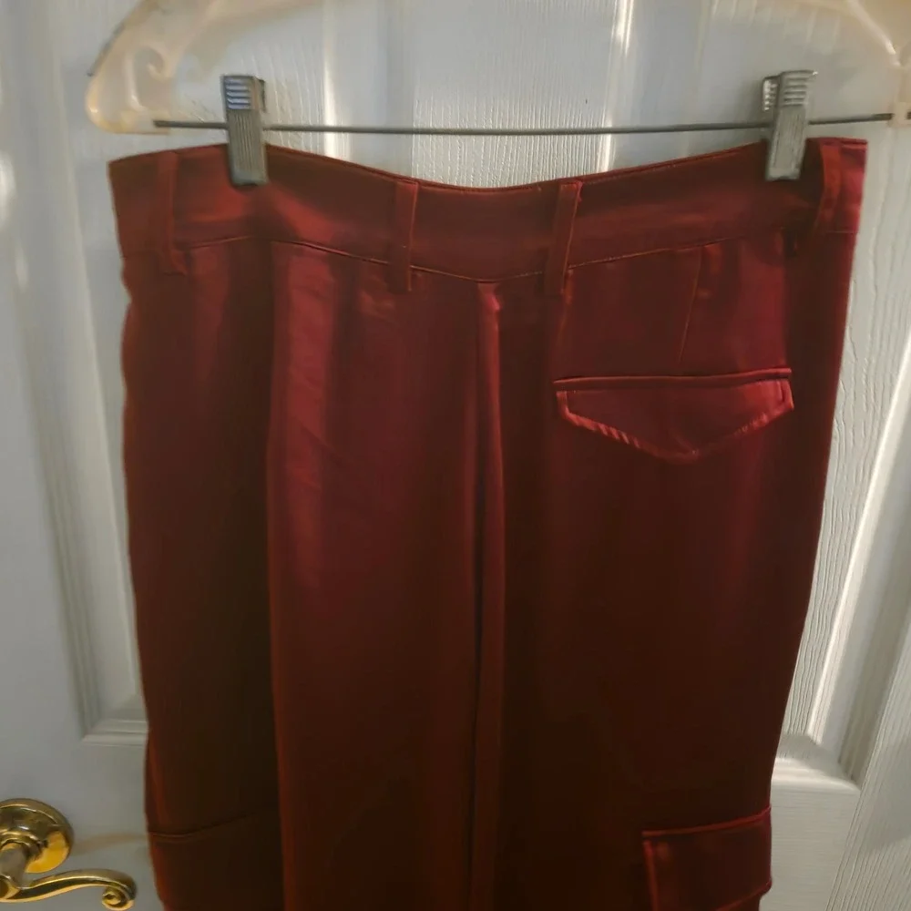 LNA Clothing The Lou Burgundy Satin Wide Leg Cargo Pocket Pants Wine Red Medium